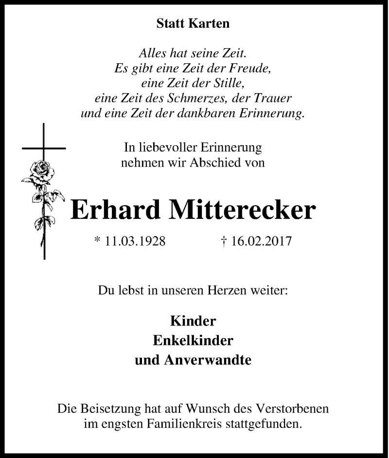  Traueranzeige für Erhard Mitterecker vom 01.03.2017 aus Tageszeitung