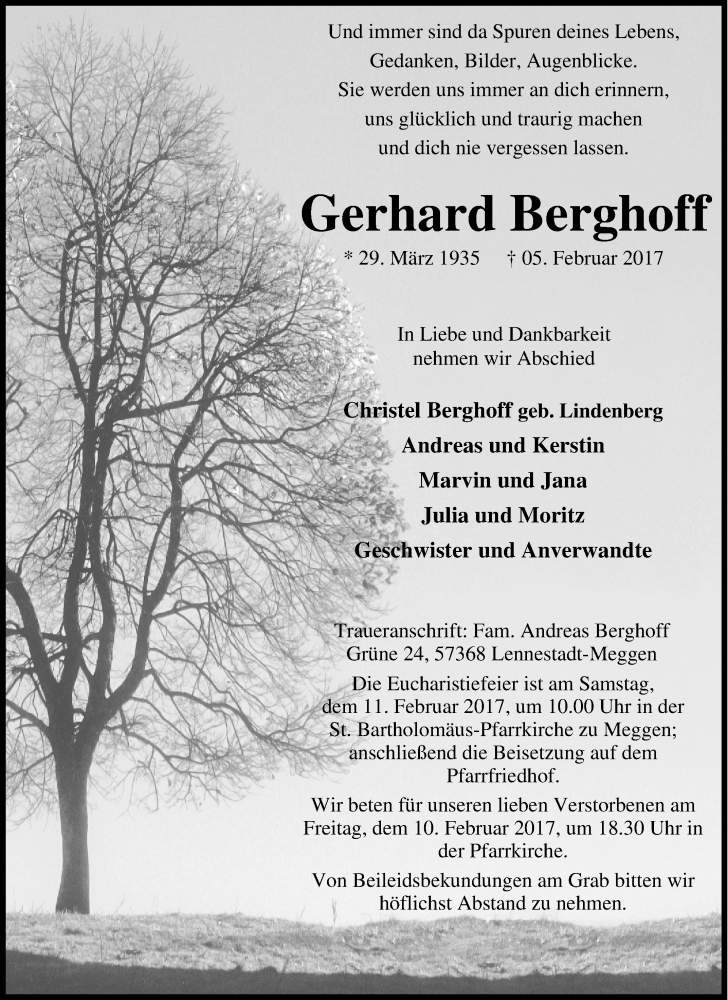  Traueranzeige für Gerhard Berghoff vom 08.02.2017 aus Tageszeitung