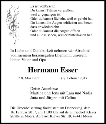 Traueranzeigen von Hermann Esser | Trauer-in-NRW.de