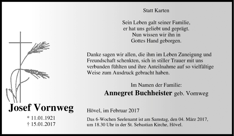  Traueranzeige für Josef Vornweg vom 28.02.2017 aus Tageszeitung