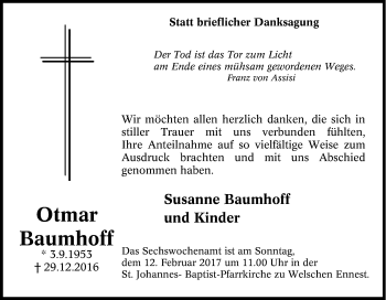 Traueranzeige von Otmar Baumhoff von Tageszeitung