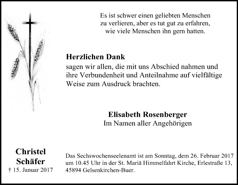  Traueranzeige für Christel Schäfer vom 18.02.2017 aus Tageszeitung