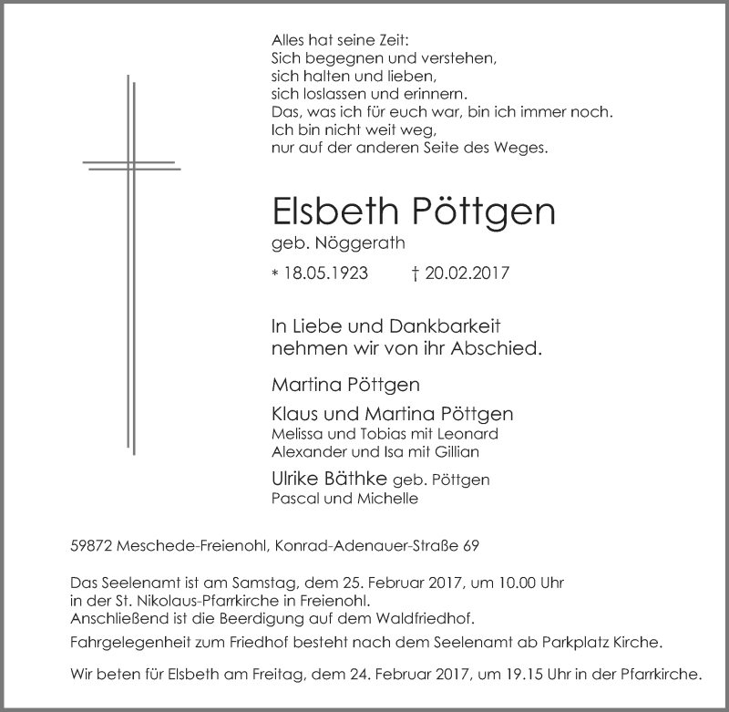  Traueranzeige für Elsbeth Pöttgen vom 22.02.2017 aus Tageszeitung
