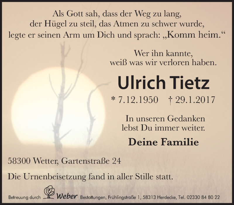  Traueranzeige für Ulrich Tietz vom 18.02.2017 aus Tageszeitung