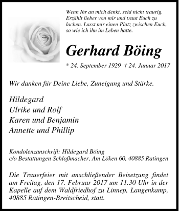 Traueranzeige von Gerhard Böing von Tageszeitung