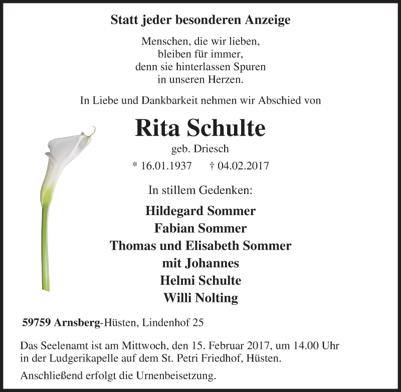  Traueranzeige für Rita Schulte vom 08.02.2017 aus Tageszeitung