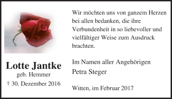 Traueranzeige von Lotte Jantke von Tageszeitung