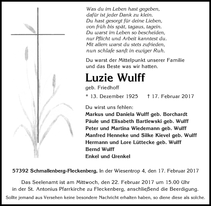  Traueranzeige für Luzie Wulff vom 20.02.2017 aus Tageszeitung