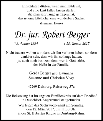 Traueranzeige von Robert Berger von Tageszeitung