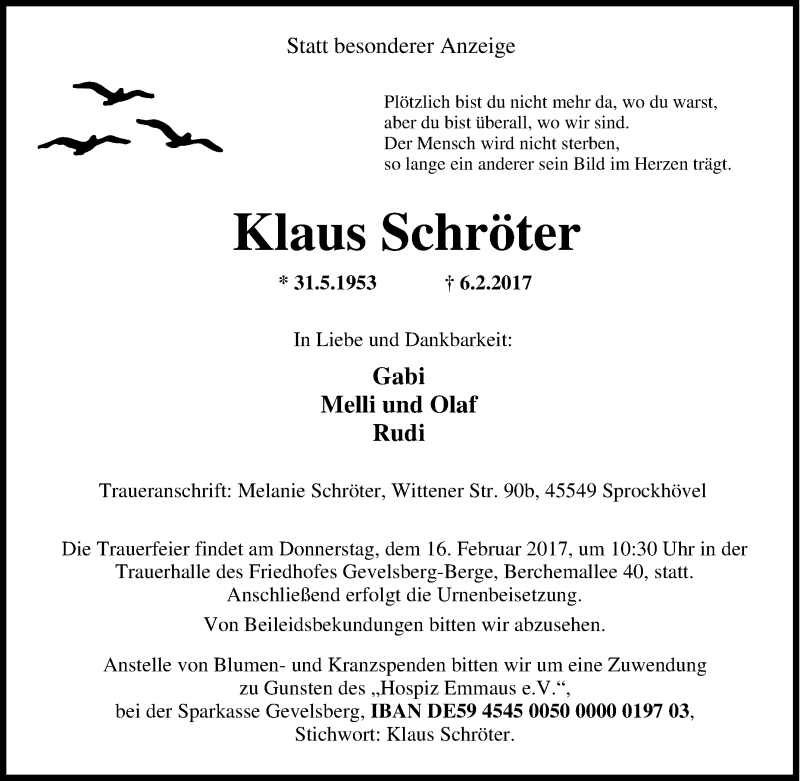  Traueranzeige für Klaus Schröter vom 11.02.2017 aus Tageszeitung