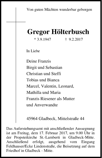 Traueranzeige von Gregor Hölterbusch von Tageszeitung