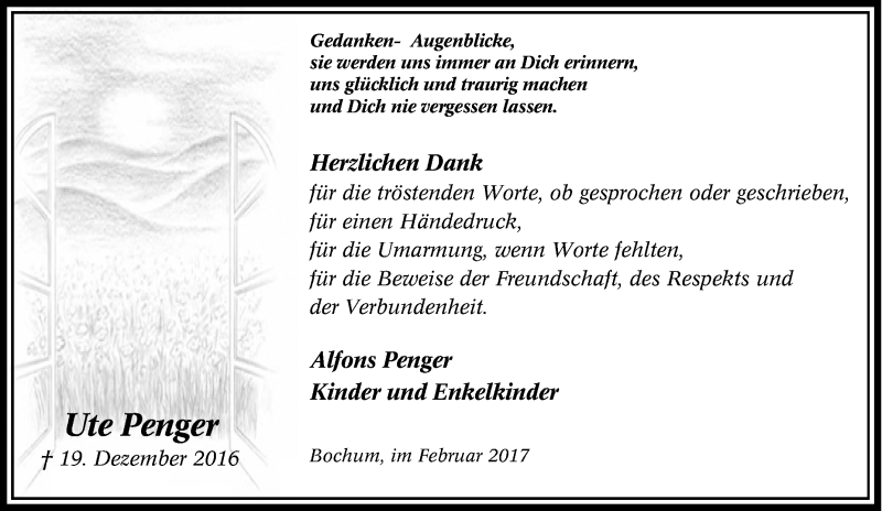  Traueranzeige für Ute Penger vom 11.02.2017 aus Tageszeitung