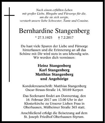 Traueranzeige von Bernhardine Stangenberg von Tageszeitung
