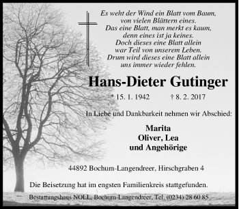 Traueranzeige von Hans-Dieter Gutinger von Tageszeitung