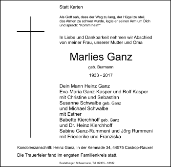 Traueranzeige von Marlies Ganz von Tageszeitung