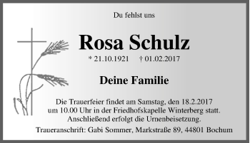 Traueranzeige von Rosa Schulz von Tageszeitung