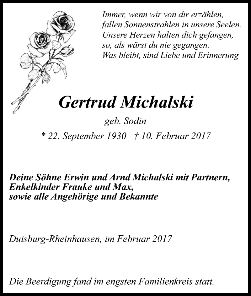  Traueranzeige für Gertrud Michalski vom 18.02.2017 aus Tageszeitung