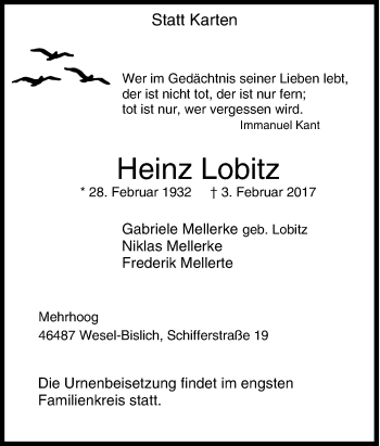 Traueranzeige von Heinz Lobitz von Tageszeitung