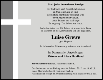 Traueranzeige von Luise Grewe von Tageszeitung