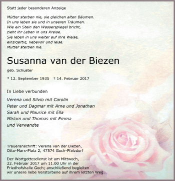 Traueranzeige von Susanna van der Biezen von Tageszeitung