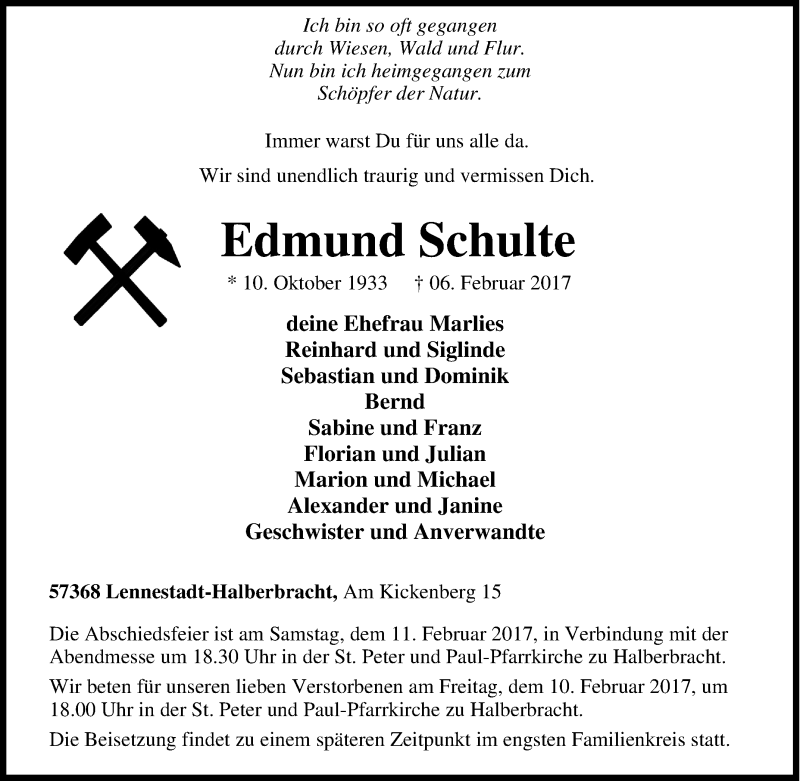  Traueranzeige für Edmund Schulte vom 09.02.2017 aus Tageszeitung