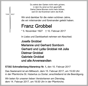 Traueranzeige von Franz Grobbel von Tageszeitung