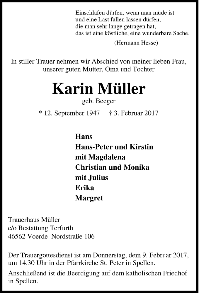  Traueranzeige für Karin Müller vom 07.02.2017 aus Tageszeitung