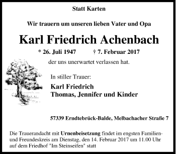 Traueranzeige von Karl Friedrich Achenbach von Tageszeitung