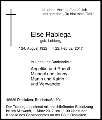 Traueranzeige von Else Rabiega von Tageszeitung