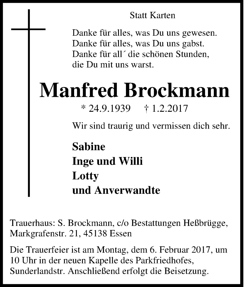  Traueranzeige für Manfred Brockmann vom 03.02.2017 aus Tageszeitung