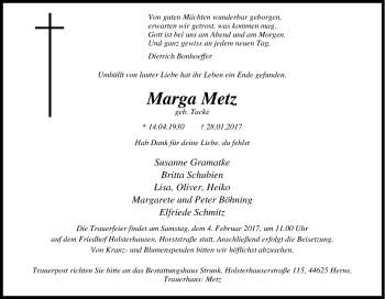 Traueranzeige von Marga Metz von Tageszeitung