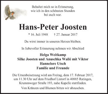 Traueranzeige von Hans-Peter Joosten von Tageszeitung