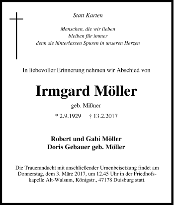 Traueranzeige von Irmgard Möller von Tageszeitung