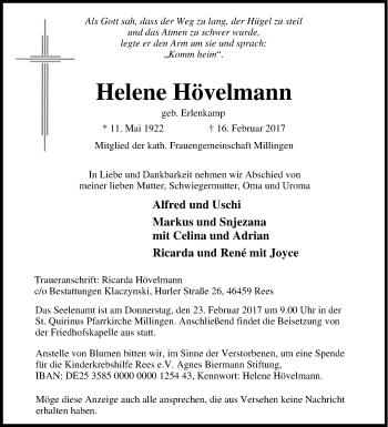 Traueranzeige von Helene Hövelmann von Tageszeitung
