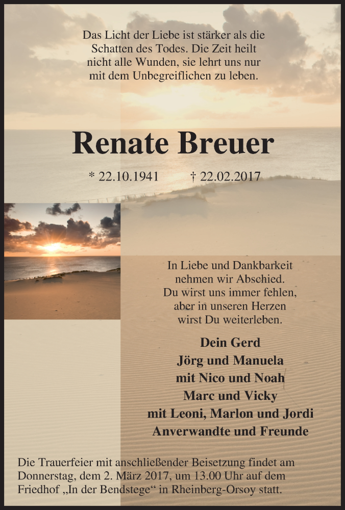  Traueranzeige für Renate Breuer vom 28.02.2017 aus Tageszeitung