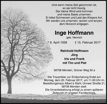 Traueranzeige von Inge Hoffmann von Tageszeitung