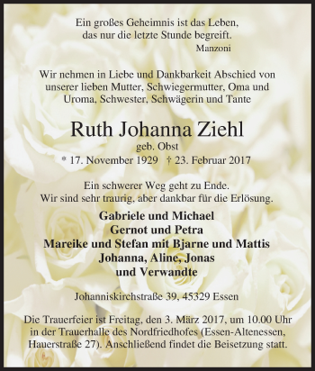 Traueranzeige von Ruth Johanna Ziehl von Tageszeitung