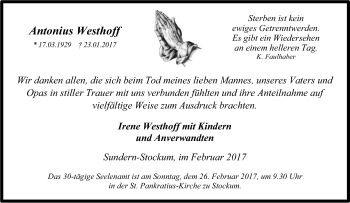 Traueranzeige von Antonius Westhoff von Tageszeitung