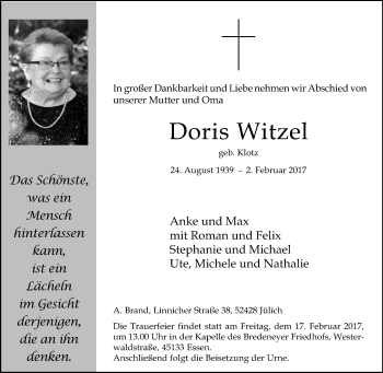 Traueranzeige von Doris Witzel von Tageszeitung