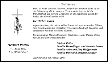 Traueranzeige von Herbert Potten von Tageszeitung