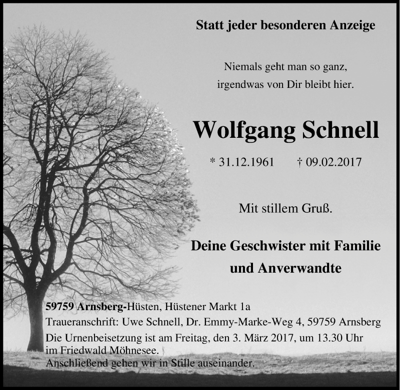  Traueranzeige für Wolfgang Schnell vom 25.02.2017 aus Tageszeitung