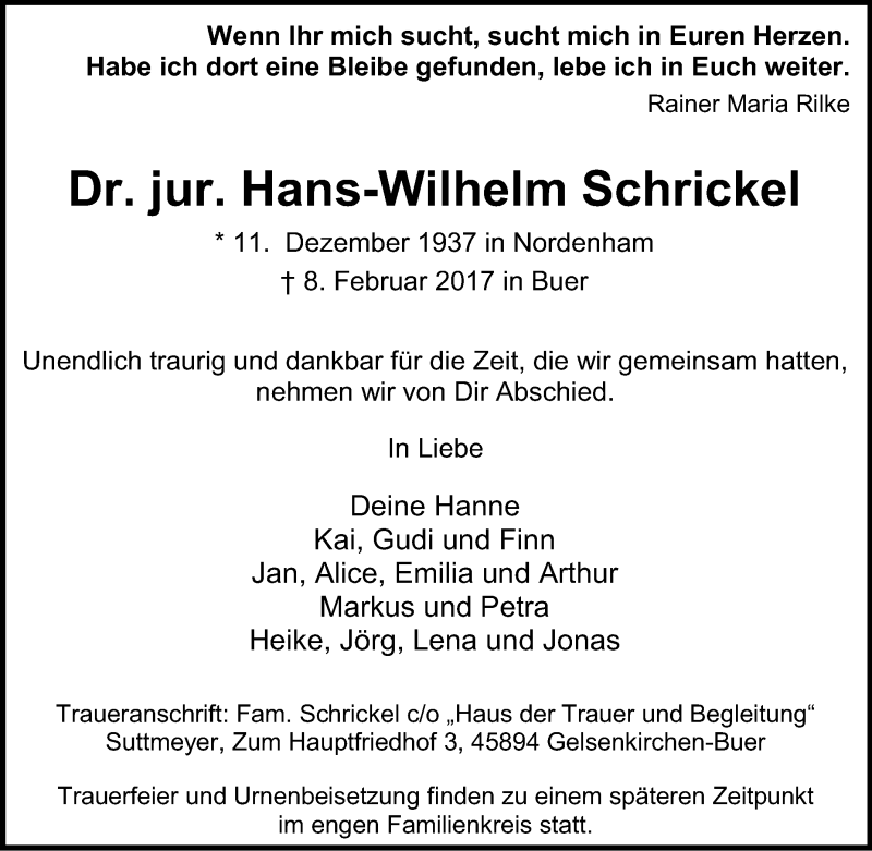  Traueranzeige für Hans-Wilhelm Schrickel vom 15.02.2017 aus Tageszeitung