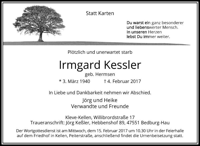  Traueranzeige für Irmgard Kessler vom 11.02.2017 aus Tageszeitung