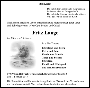Traueranzeige von Fritz Lange von Tageszeitung