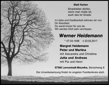 Traueranzeige von Werner Heidemann von Tageszeitung