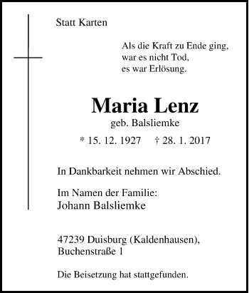 Traueranzeige von Maria Lenz von Tageszeitung