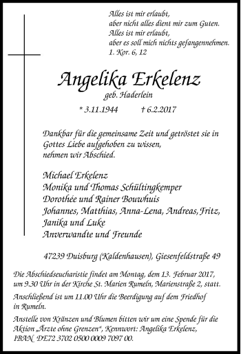 Traueranzeige von Angelika Erkelenz von Tageszeitung