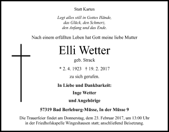 Traueranzeige von Elli Wetter von Tageszeitung
