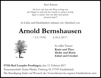 Traueranzeige von Arnold Bernshausen von Tageszeitung