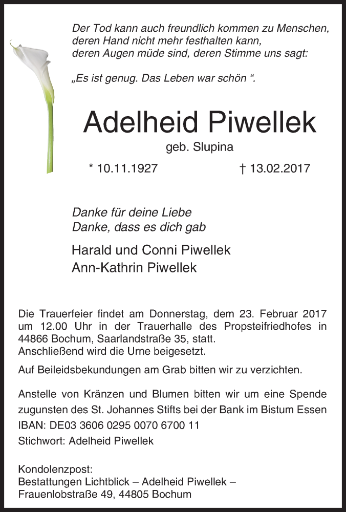  Traueranzeige für Adelheid Piwellek vom 18.02.2017 aus Tageszeitung
